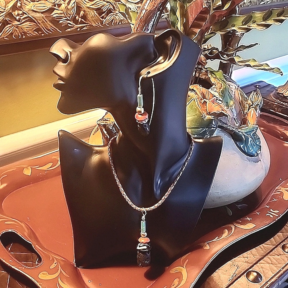 Handcrafted bohemian earrings and necklace set. Genuine lava rock, coral, batik